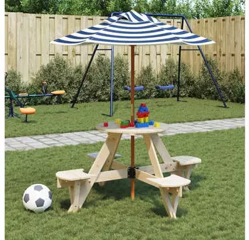 vidaXL Picknicktisch Rund f&uuml;r 4 Kinder mit Sonnenschirm, Tannenholz (3281622)