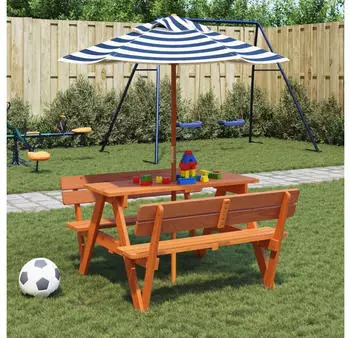vidaXL Picknicktisch f&uuml;r 4 Kinder mit Sonnenschirm Massivholz Tanne (3281620)