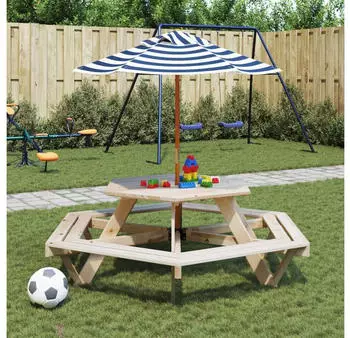 vidaXL Picknicktisch Sechseckig f&uuml;r 6 Kinder mit Sonnenschirm, Tanne (3281626)