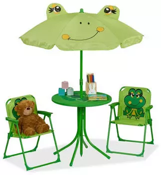 Relaxdays Kinder-Sitzgruppe mit Schirm, Frosch-Design, Metall/Textil, Gr&uuml;n