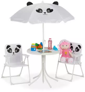 Relaxdays Kinder-Sitzgruppe mit Sonnenschirm, Panda-Motiv, Metall/Textil, wei&szlig;/schwarz