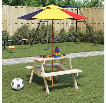 vidaXL Kinder-Picknicktisch mit Sonnenschirm & Wasserspiel, Massivholz Fichte