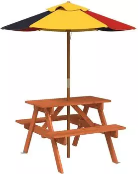 vidaXL Picknicktisch f&uuml;r 4 Kinder mit Sonnenschirm Massivholz Tanne (3281615)