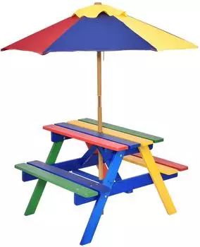 Costway Kindersitzgruppe mit Sonnenschirm, 4 Sitze, Holz (OP3156)