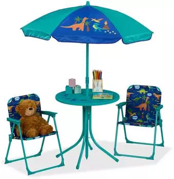 Relaxdays Kinder-Campingsitzgruppe mit Sonnenschirm, Dino-Motiv, t&uuml;rkis
