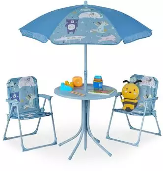Relaxdays Kinder-Campingsitzgruppe mit Sonnenschirm, Klappstuhl & Tisch, Tiermotiv, blau
