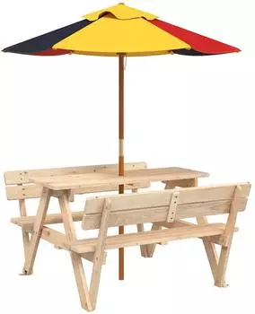 vidaXL Picknicktisch f&uuml;r 4 Kinder mit Sonnenschirm, Massivholz Tanne (3281617)