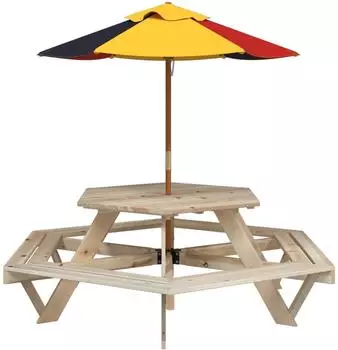 vidaXL Picknicktisch Sechseckig f&uuml;r 6 Kinder mit Sonnenschirm, Tanne (3281625)