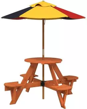 vidaXL Picknicktisch Rund f&uuml;r 4 Kinder mit Sonnenschirm, Tannenholz (3281623)