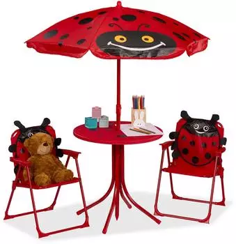 Relaxdays Kinder-Gartensitzgruppe mit Schirm, Marienk&auml;fer, Metall/Textil, Rot/Schwarz