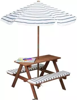 Spetebo Kinder-Picknicktisch Holz mit Sonnenschirm und Sitzpolster 75x75cm (4854)