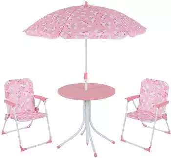 Relaxdays Kindersitzgruppe Einhorn mit Schirm, Klappstuhl & Tisch, rosa (10028889_8683)