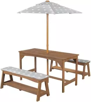 Roba Little Stars Kinder-Sitzgruppe mit Sitzauflage & Schirm, Teak (456030TEV190)