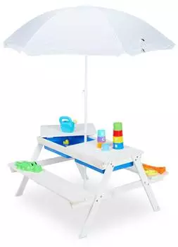Relaxdays Kindersitzgruppe aus Holz mit Schirm, weiß