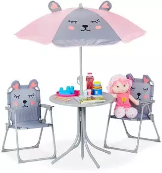 Relaxdays Kinder-Campingsitzgruppe Maus-Motiv mit Sonnenschirm, grau-rosa