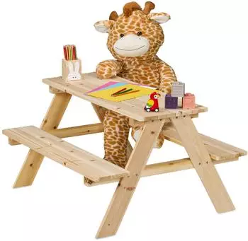 Relaxdays Kindersitzgarnitur Picknickbank, 4 Kinder, Holz, natur, 51x90x78cm