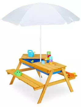 Relaxdays Kinder-Picknicktisch mit Schirm, Holz, Sand- & Wasserspieltisch, natur