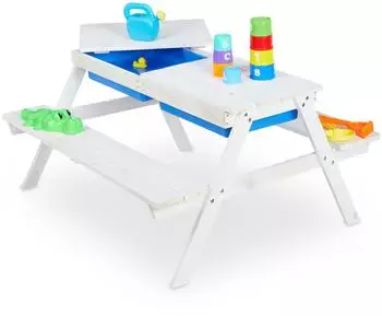 Relaxdays Kinder-Picknicktisch mit 2 Bänken, 4 Plätze, weiß/blau
