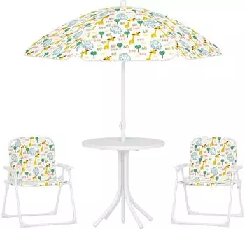 AIYAPLAY Kindersitzgruppe mit Sonnenschirm, 2 Klappstühle, höhenverstellbar, weiß, Metall