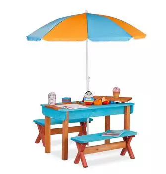 Relaxdays Kindersitzgruppe mit Sonnenschirm, Holz, 2 Sitzb&auml;nke, bunt