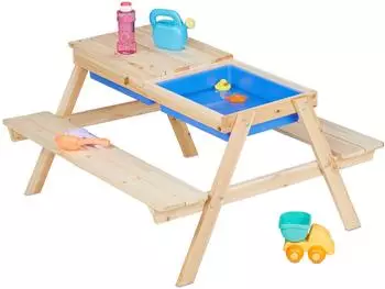 Relaxdays Kinder-Picknicktisch mit B&auml;nken, Holz/Kunststoff, hellbraun, 4-Sitzer