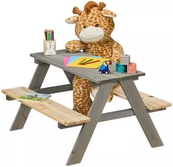 Relaxdays Kindersitzgarnitur Picknicktisch, Holz, grau/natur, 51x90x78cm