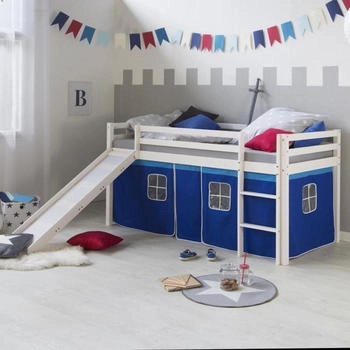 Homestyle4u Hochbett Kinderbett mit Rutsche und blauem Stoffvorhang