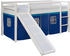 Homestyle4u Hochbett Kinderbett mit Rutsche und blauem Stoffvorhang