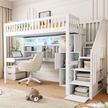 Flieks Etagenbett 90x200cm mit Schreibtisch und Regal weiß