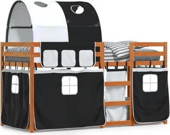 vidaXL Etagenbett mit Vorhängen Weiß Schwarz 90x200 cm Kiefernholz (3284036)
