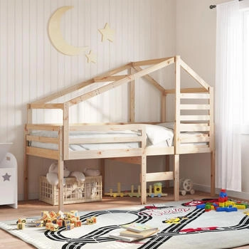 vidaXL Hochbett mit Dach 90x190 cm Massivholz Kiefer (3281980)