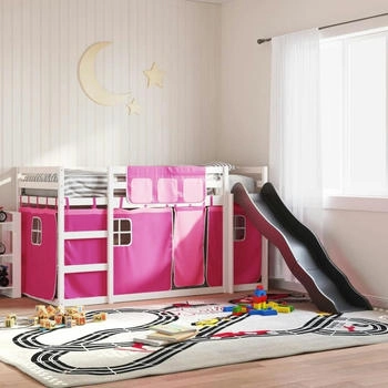 vidaXL Etagenbett mit Rutsche und Gardinen Rosa 90x200 cm (3284112)