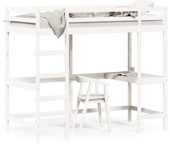 vidaXL Hochbett mit Schreibtisch Weiß 90x200 cm Massivholz Kiefer (842851)