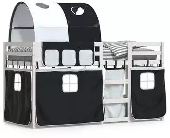 vidaXL Etagenbett mit Vorhängen Weiß Schwarz 90x200 cm Kiefernholz (3284021)