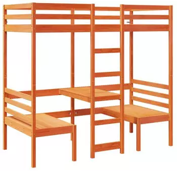 vidaXL Hochbett mit Schreibtisch & Stühlen Braun 75x190 cm Kiefernholz (3308564)