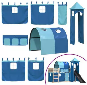 vidaXL Etagenbett mit Rutsche und Gardinen Blau 90x190 cm (3284180)