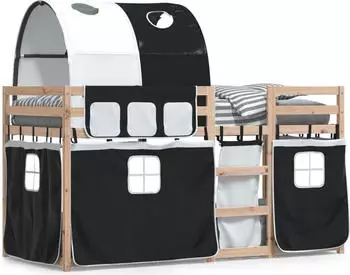 vidaXL Etagenbett mit Vorhängen Weiß & Schwarz 80x200 cm Kiefernholz (3283988)