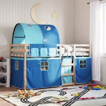 vidaXL Etagenbett mit Vorhängen Blau 90x200 cm Massivholz Kiefer (3284019)