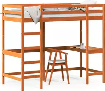 vidaXL Hochbett mit Schreibtisch Wachsbraun 90x200cm Massivholz Kiefer (842853)