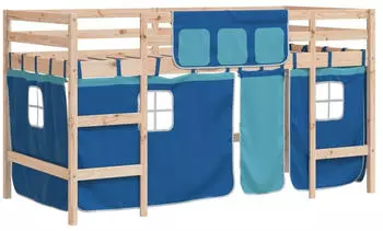 vidaXL Kinderhochbett mit Vorhängen Blau 90x190 cm Massivholz Kiefer (3206974)