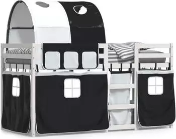 vidaXL Etagenbett mit Vorhängen Weiß & Schwarz 90x190 cm Kiefernholz (3284030)
