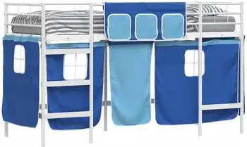 vidaXL Kinder Loft Bettgestell mit Vorhängen Weiß und Blau 90 x 190 cm (42020817)
