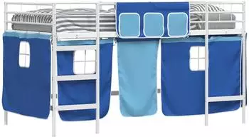 vidaXL Kinder Loft Bettgestell mit Vorhängen Weiß und Blau 90 x 200 cm (42020818)
