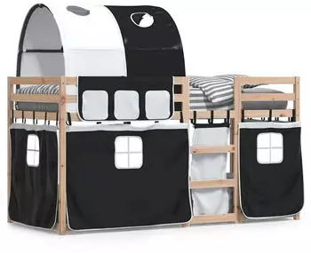 vidaXL Etagenbett mit Vorhängen Weiß Schwarz 90x200 cm Kiefernholz (3283982)