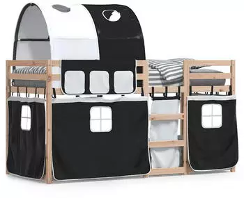 vidaXL Etagenbett mit Vorhängen Weiß & Schwarz 90x190 cm Kiefernholz (3283994)