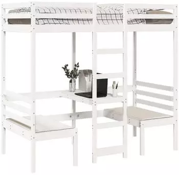 vidaXL Hochbett mit Schreibtisch & Stühlen Weiß 80x200 cm Kiefernholz (3308557)