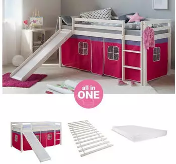 Homestyle4u Hochbett 90x200 Kinderbett Wei&szlig;/Pink mit Rutsche, Kiefer (2582)