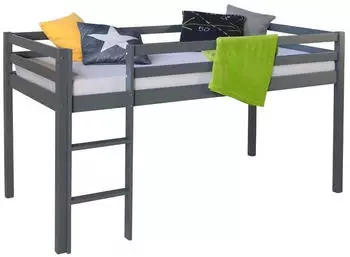 Homestyle4u Hochbett 90x200cm Kiefer Massivholz Grau mit Treppe (1861)