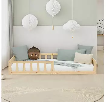 Homestyle4u Kinderbett Bodenbett Holz Natur 90x200cm mit Rausfallschutz (2837)