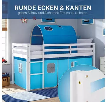 Homestyle4u Kinderhochbett 90x200 Wei&szlig; Holz mit Tunnel & Vorhang Blau (2997)